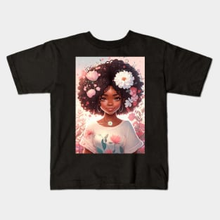 Cute floral anime black girl Kids T-Shirt